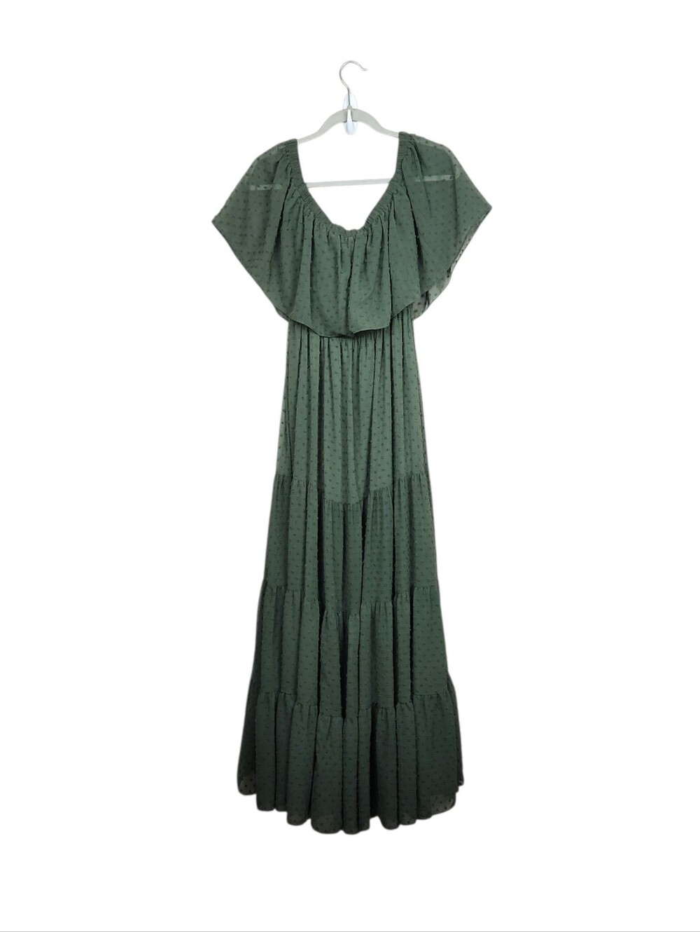 Baltic Born Olive Green Swiss Dot Off The Shoulder Tier Maxi Dress Womens Size S - Picture 6 of 12